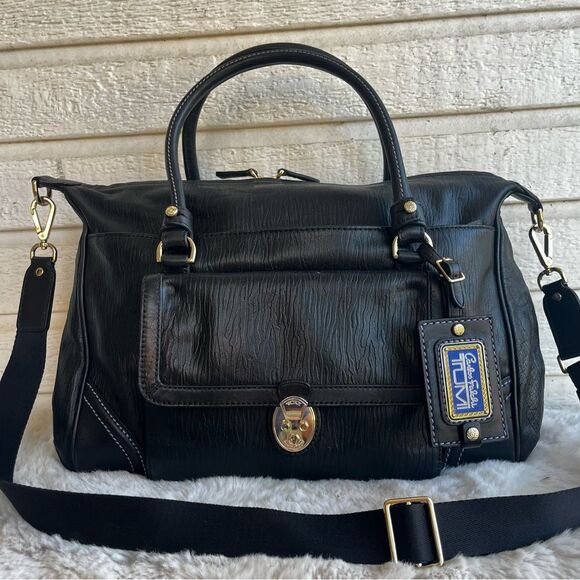 TUMI x MCM Carlos Falchi Black Leather Travel Tote Laptop Work Bag - Picture 1 of 13